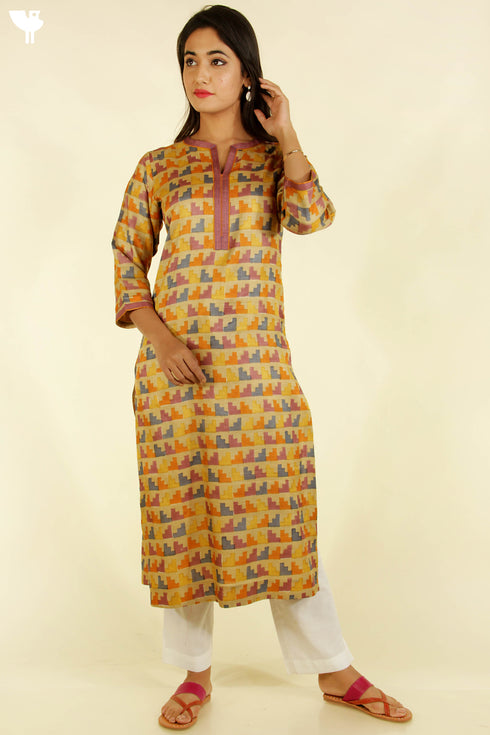 Tussar Silk Kurta And Dupatta Set In Geometric Block Print