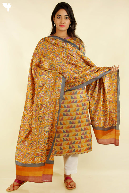 Tussar Silk Kurta And Dupatta Set In Geometric Block Print