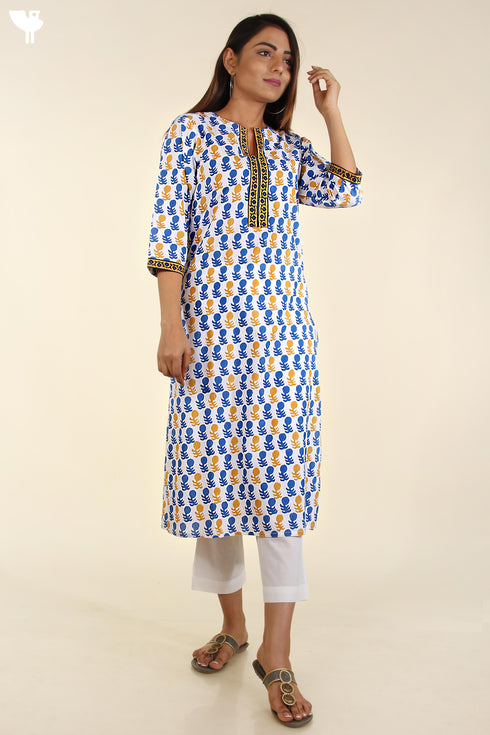 Cambric Cotton Kurta and Kota Doria Dupatta In Cobalt Blue and Mustard Yellow Graphic Block Print