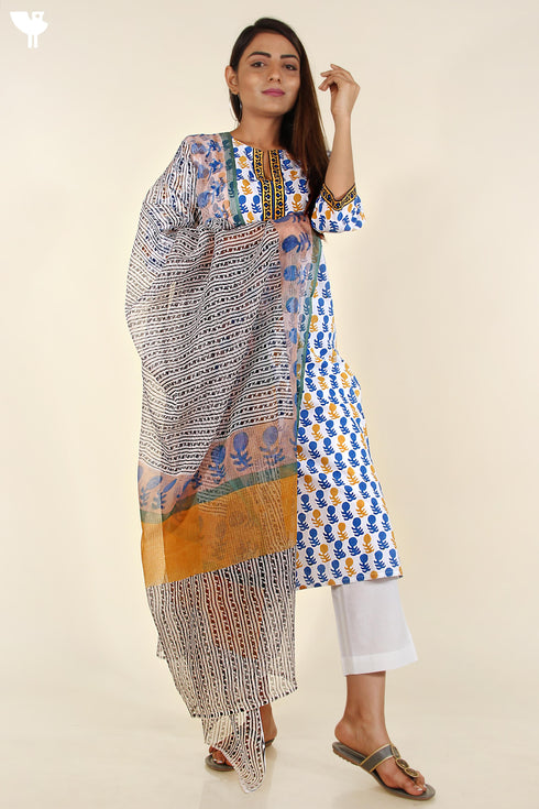 Cambric Cotton Kurta and Kota Doria Dupatta In Cobalt Blue and Mustard Yellow Graphic Block Print