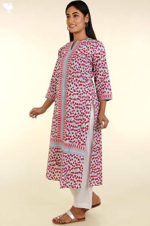 Cambric Cotton Kurta and Kota Doria Dupatta In Floral Block Print