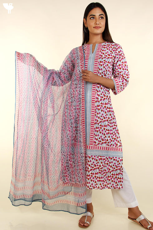 Cambric Cotton Kurta and Kota Doria Dupatta In Floral Block Print