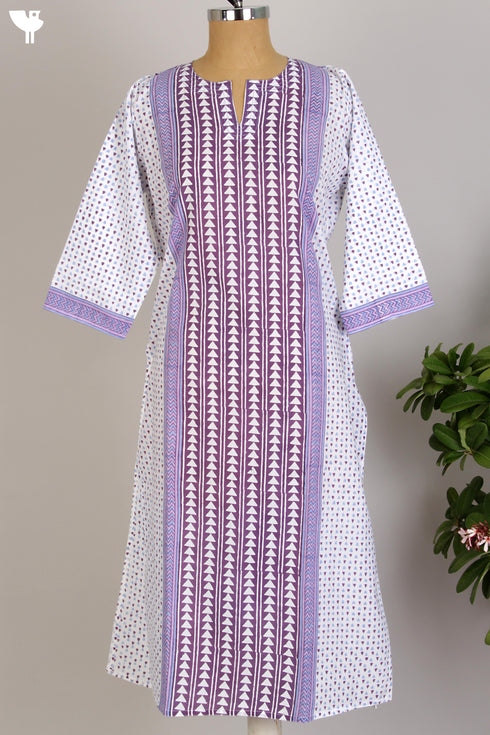 Cotton Cambric Kurta/Dupatta Set in Purple Geometric Block Print