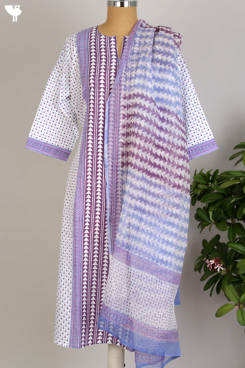 Cotton Cambric Kurta/Dupatta Set in Purple Geometric Block Print