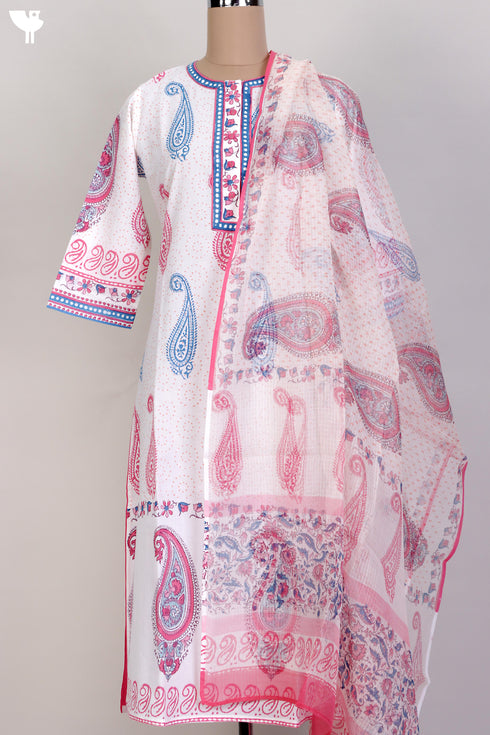 Cambric Cotton Kurta and Kota Doria Dupatta In Paisley Block Print