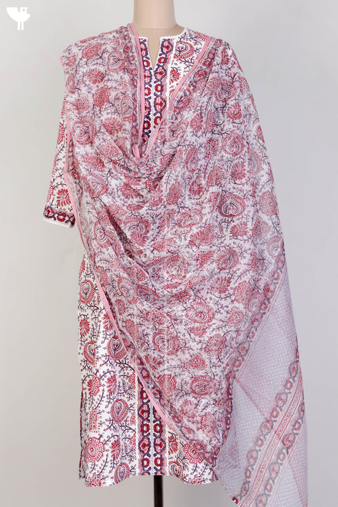 Cambric Cotton Kurta and Kota Doria Dupatta In Floral Block Print