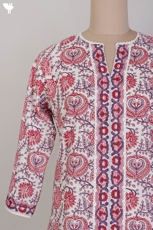 Cambric Cotton Kurta and Kota Doria Dupatta In Floral Block Print