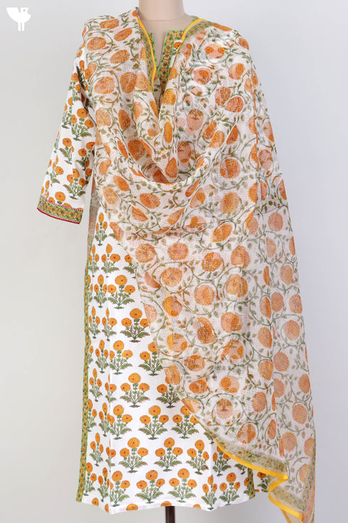 Cambric Cotton Kurta and Kota Doria Dupatta In Floral Block Print