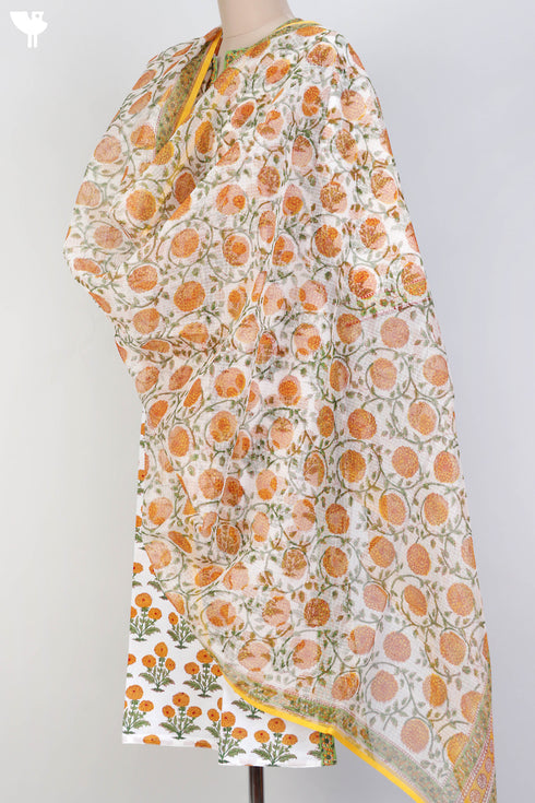 Cambric Cotton Kurta and Kota Doria Dupatta In Floral Block Print