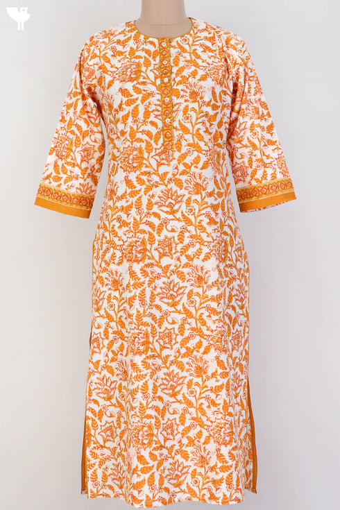 Cambric Cotton Kurta and Kota Doria Dupatta In Orange Floral Block Print