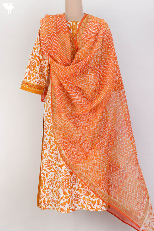 Cambric Cotton Kurta and Kota Doria Dupatta In Orange Floral Block Print