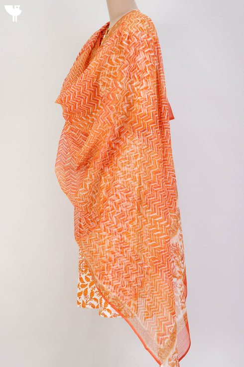 Cambric Cotton Kurta and Kota Doria Dupatta In Orange Floral Block Print