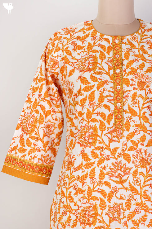 Cambric Cotton Kurta and Kota Doria Dupatta In Orange Floral Block Print