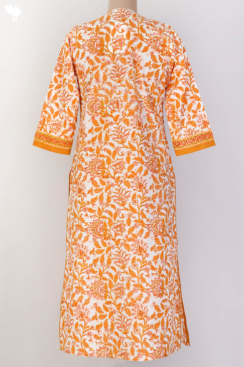 Cambric Cotton Kurta and Kota Doria Dupatta In Orange Floral Block Print