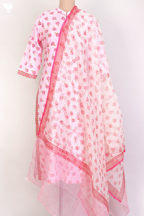 Cambric Cotton Kurta and Kota Doria Dupatta In Pink Floral Block Print