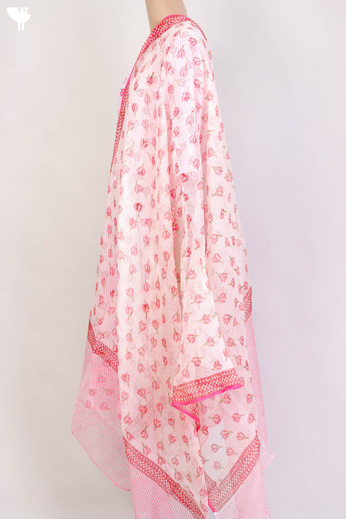 Cambric Cotton Kurta and Kota Doria Dupatta In Pink Floral Block Print