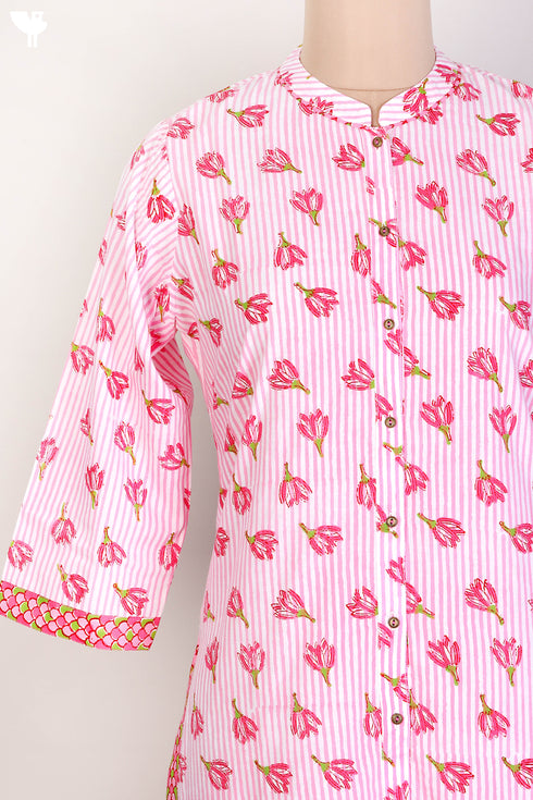 Cambric Cotton Kurta and Kota Doria Dupatta In Pink Floral Block Print
