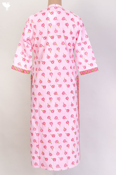 Cambric Cotton Kurta and Kota Doria Dupatta In Pink Floral Block Print