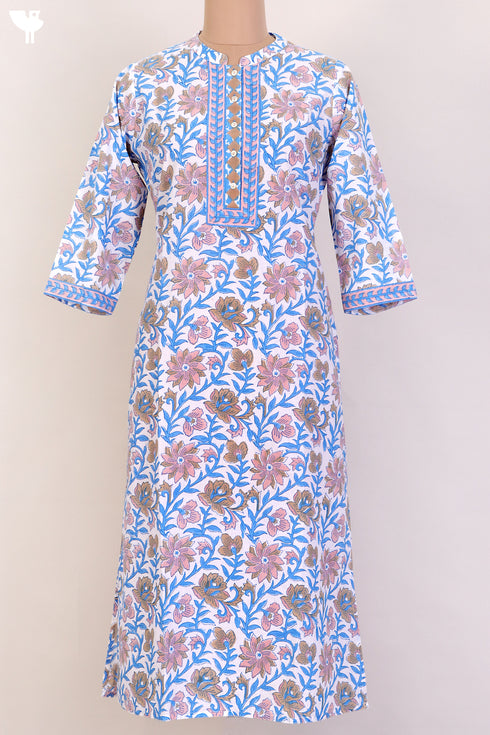 Cambric Cotton Kurta and Kota Doria Dupatta In Graphic Block Print