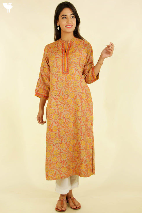 Tussar Silk Kurta And Dupatta Set In Floral Block Print