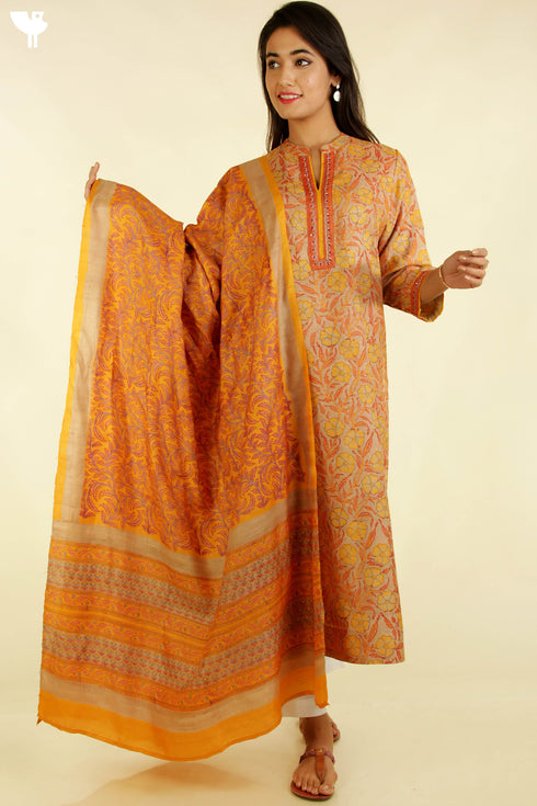 Tussar Silk Kurta And Dupatta Set In Floral Block Print