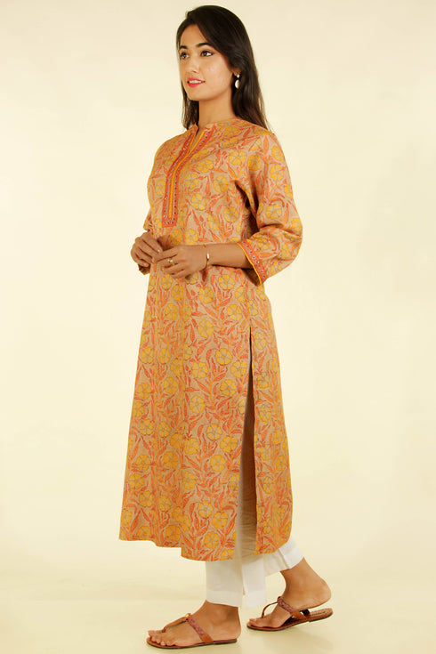 Tussar Silk Kurta And Dupatta Set In Floral Block Print