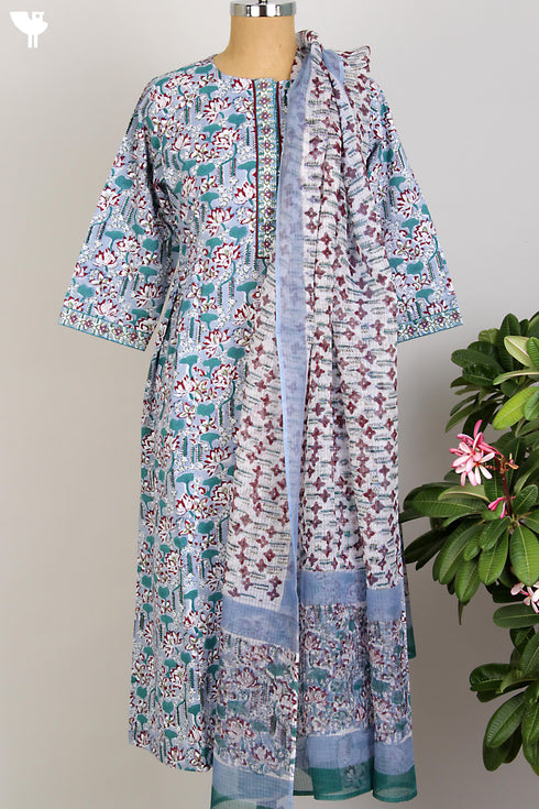 Cotton Cambric Dress/Dupatta Set in Emerald Lotus Block Print