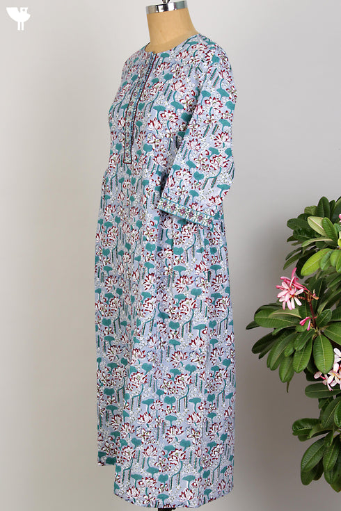 Cotton Cambric Dress/Dupatta Set in Emerald Lotus Block Print