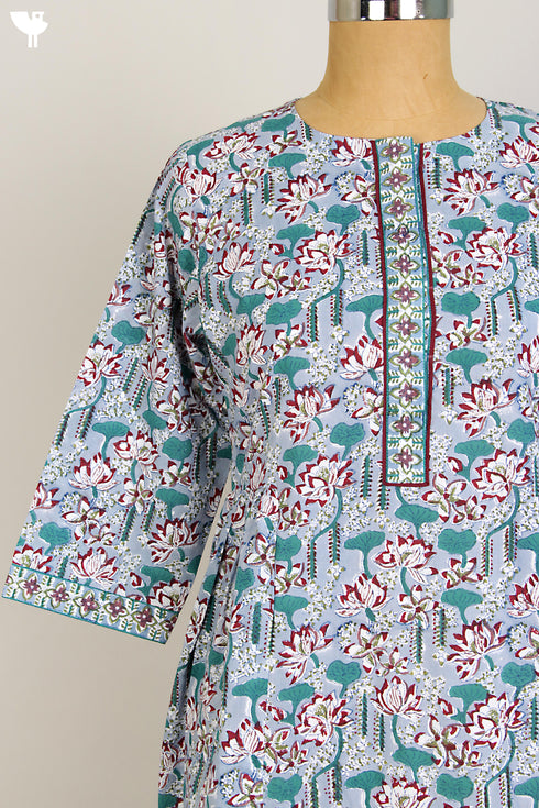 Cotton Cambric Dress/Dupatta Set in Emerald Lotus Block Print