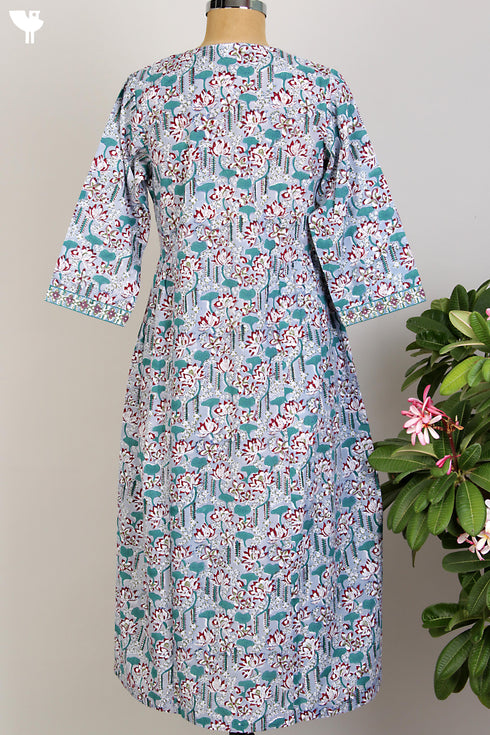Cotton Cambric Dress/Dupatta Set in Emerald Lotus Block Print