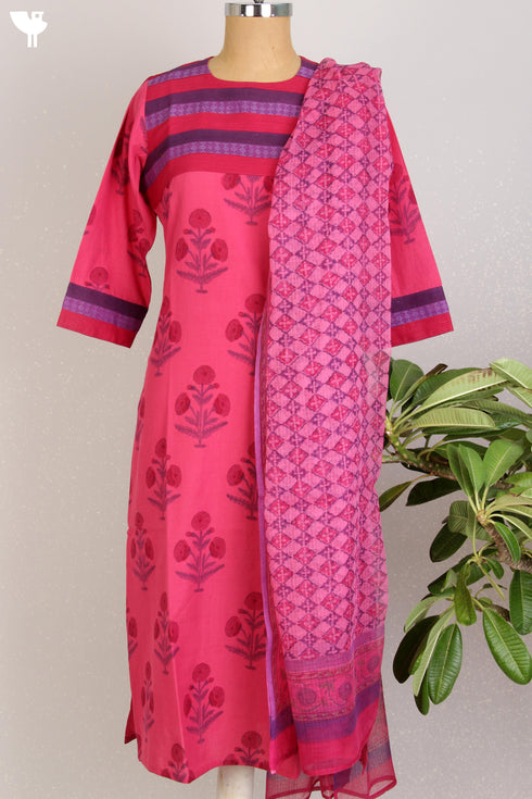 Khaadi CottonKurta With Kota Doria Dupatta Set in Floral Block Print
