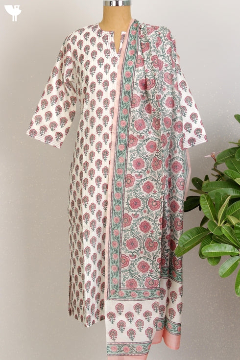 Chanderi Silk Kurta With Dupatta In Floral Block Print
