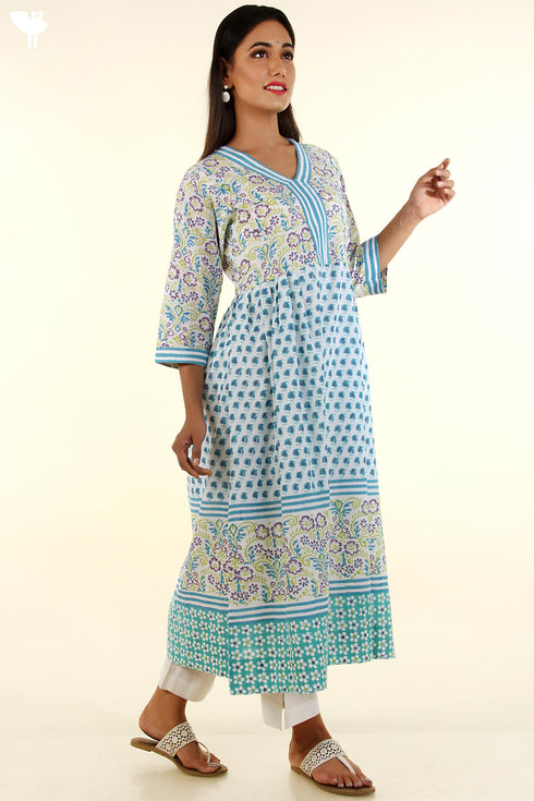 Cambric Cotton Kurta And Kota Dupatta Set In Multicoloured Graphic Block Print