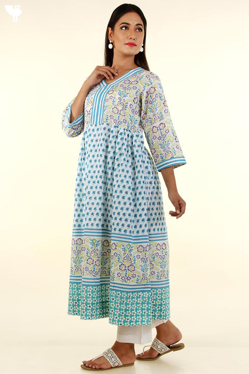 Cambric Cotton Kurta And Kota Dupatta Set In Multicoloured Graphic Block Print
