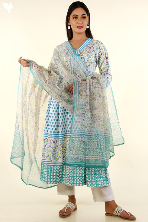 Cambric Cotton Kurta And Kota Dupatta Set In Multicoloured Graphic Block Print