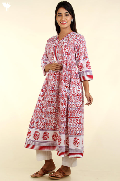 Cambric Cotton Kurta And Kota Dupatta Set In Graphic Block Print