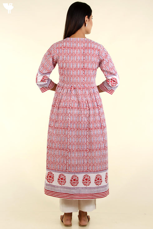 Cambric Cotton Kurta And Kota Dupatta Set In Graphic Block Print