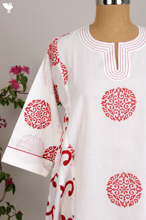 Cotton Cambric Anarkali & Kota Doria Dupatta Set in Red Print