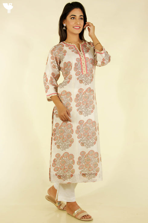 Maheshwari Silk Kurta With Dupatta In Floral Block Print