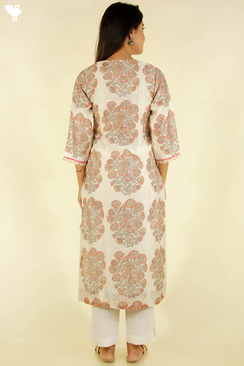 Maheshwari Silk Kurta With Dupatta In Floral Block Print