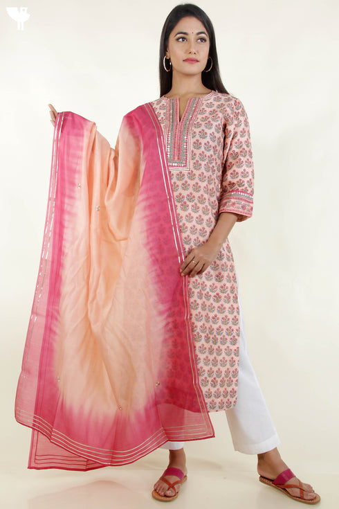 Chanderi Silk KurtaAnd Dupatta Set in Floral Block Print