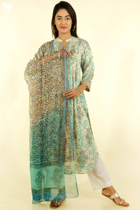 Terry Voile Kurta With Chiffon Dupatta In Floral Block Print
