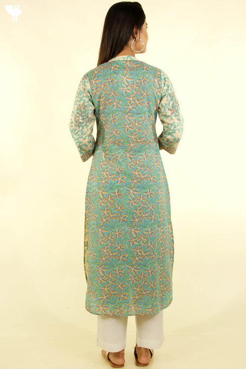 Terry Voile Kurta With Chiffon Dupatta In Floral Block Print
