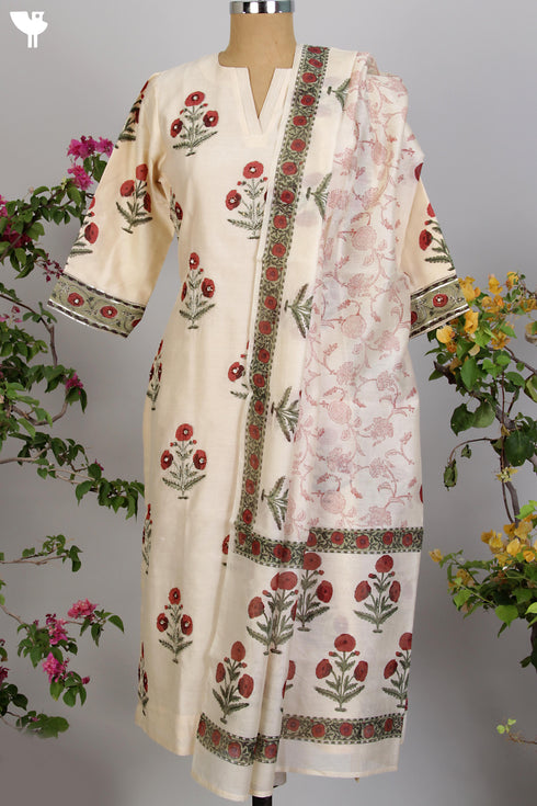 Chanderi Silk Kurta & Chanderi Silk Dupatta Set with Block Print & Gota Embroidery
