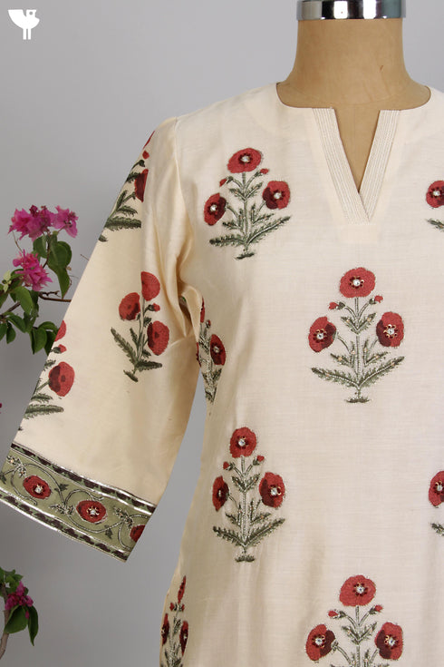 Chanderi Silk Kurta & Chanderi Silk Dupatta Set with Block Print & Gota Embroidery