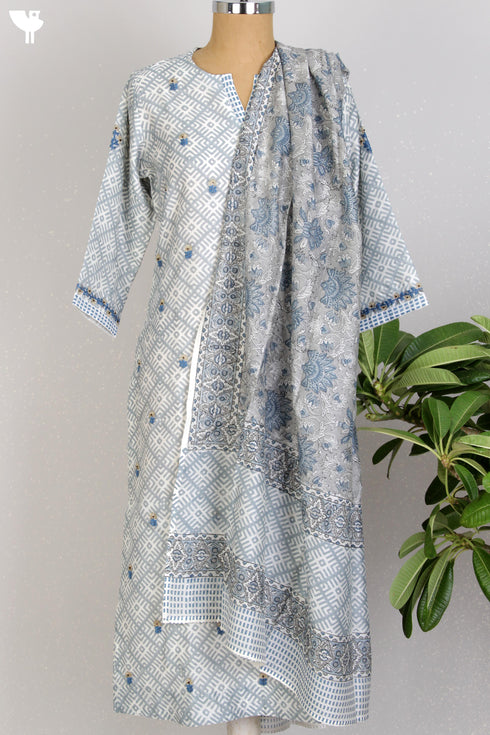 Chanderi Silk Kurta With Dupatta In Graphic Block Print