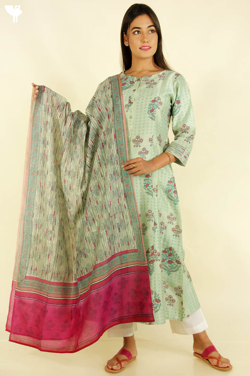 Chanderi Silk Kurta With Dupatta In Floral Block Print