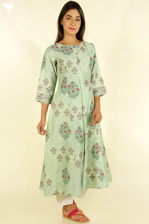 Chanderi Silk Kurta With Dupatta In Floral Block Print