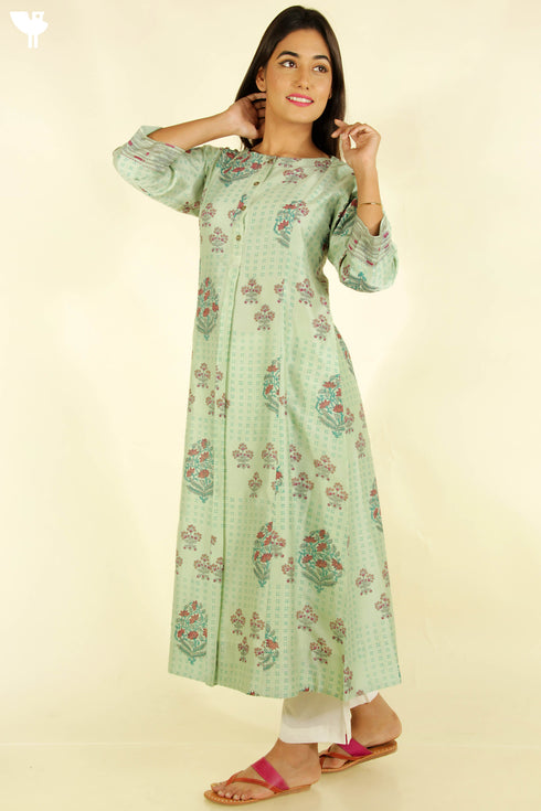 Chanderi Silk Kurta With Dupatta In Floral Block Print