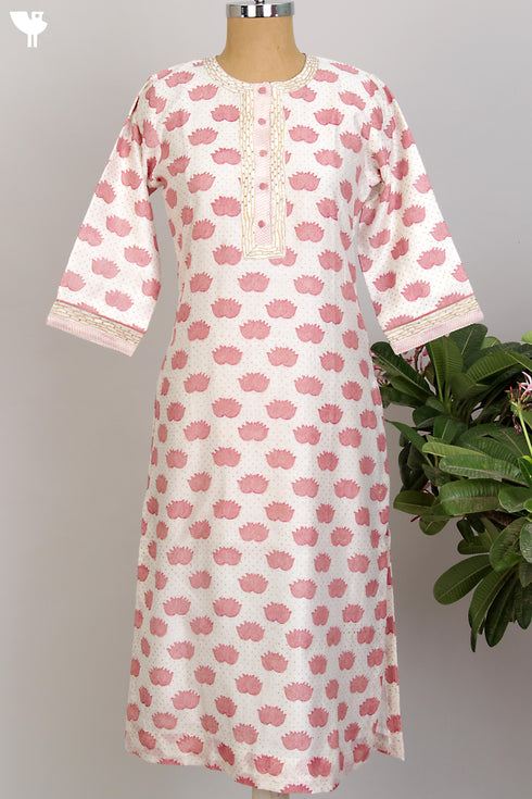 Chanderi Kurta/Dupatta Set in Pink Lotus Hand Block Print